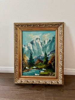 Mid Century Oil Landscaping Painting In An Ornate Gold Frame 18/22 Inches