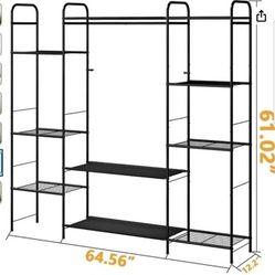 Large Hanging Clothes Rack with Double Shelves Free-standing Clothes Rack with Shelves for Bedroom