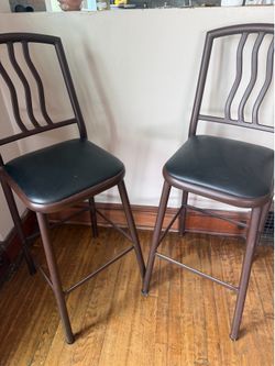 Set of 2 Brown Metal Bar Stools with Black Cushioned Seats