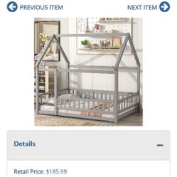 Lot # SU7341: Full Size Floor Wooden Bed with House Roof Frame, Fence Guardrails,Grey Full+House Roof Frame Grey