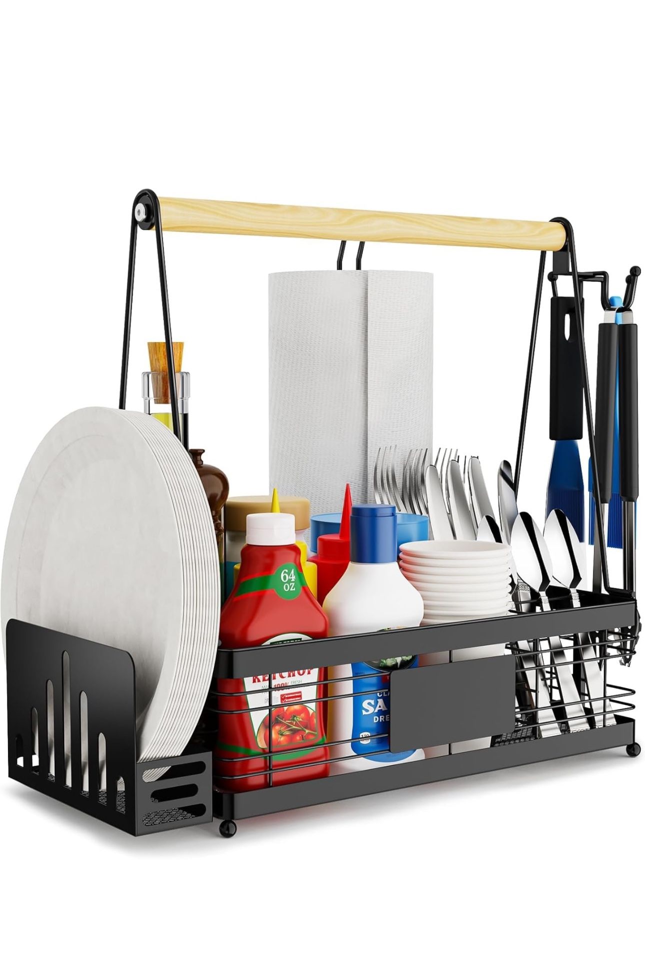 Plate Holder and Paper Towel Holder, Picnic BBQ Condiment Utensil Organizer