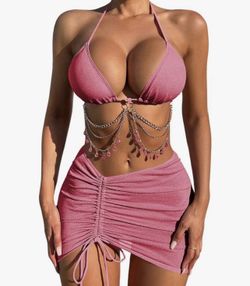 New Exotic & Sexy Deep Pink 3 Piece Jeweled / Crystal Beads Chain Bikini Set Halter Swimsuit XL