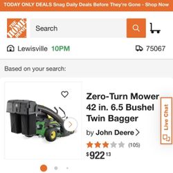 John Deere Zero Turn Mower 42inch 6.5 Bushel Twin Bagger