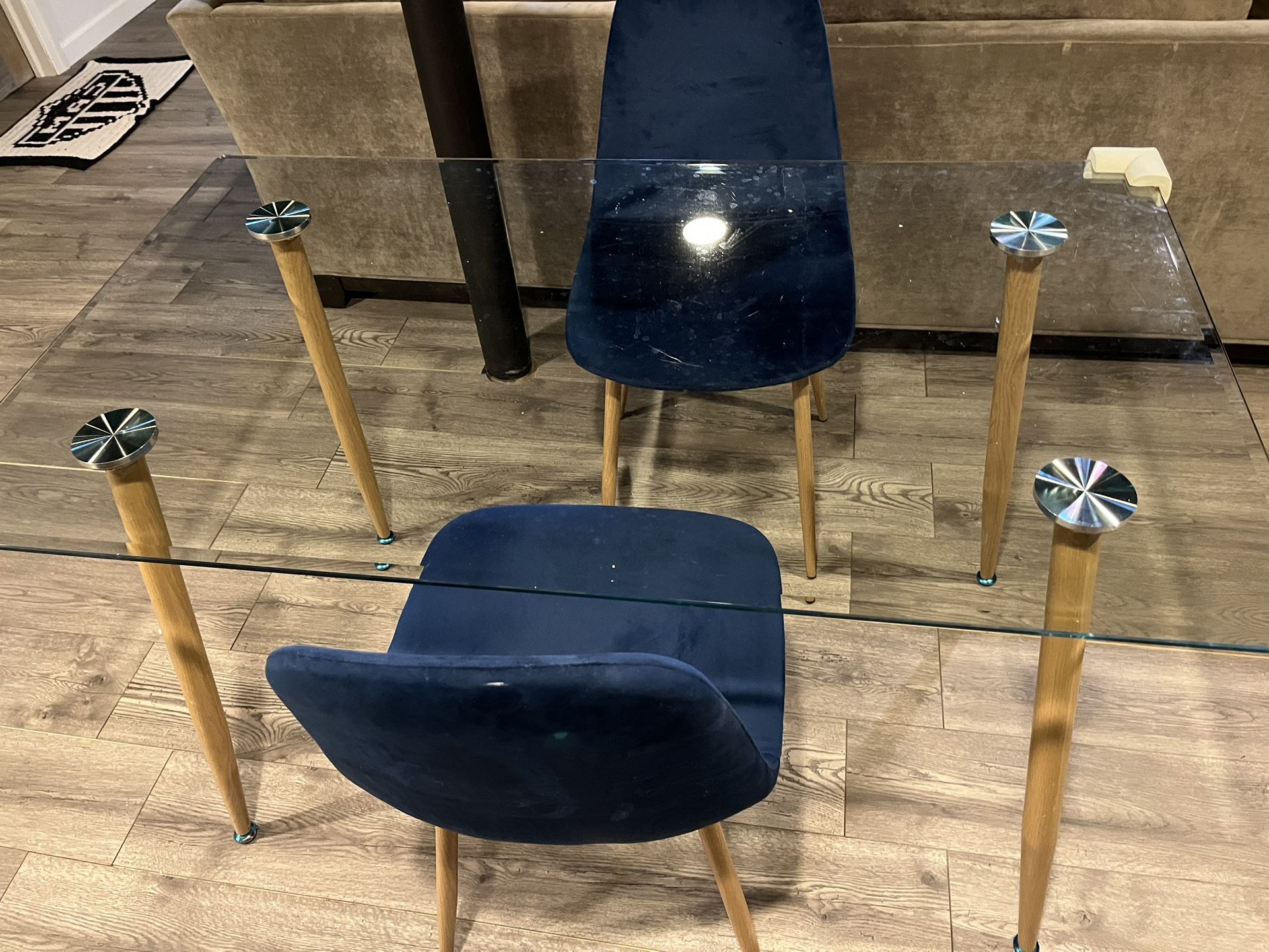  Scandinavian-style Glass Dinning Table PLUS 4 Velvet Dining Chairs