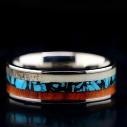 Men's 8mm Tungsten Deer Antler Turquoise Wood Inlay Comfort-Fit Engagement Wedding Band 13
