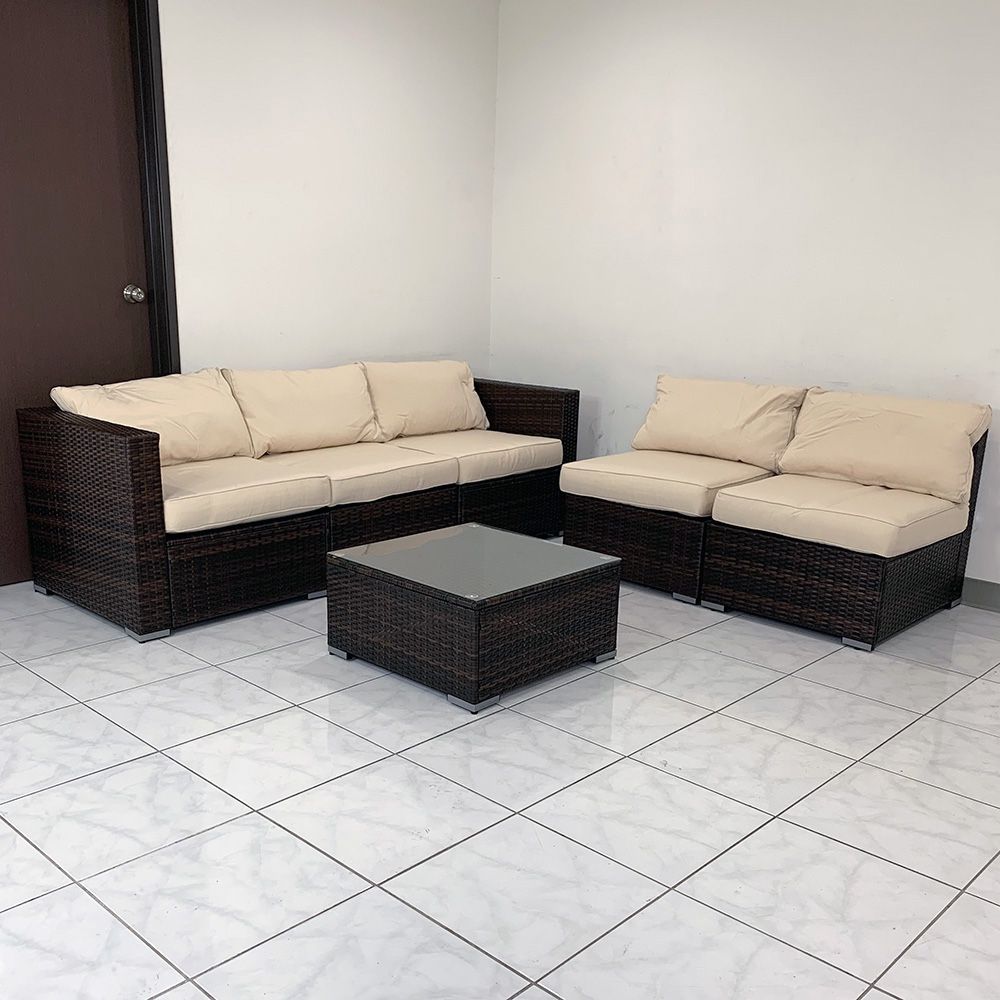 New in Box $395 Patio Furniture (6pcs) Set Outdoor Sectional Set Wicker Rattan Sofa Chair Set w/ Cushion, Glass Table