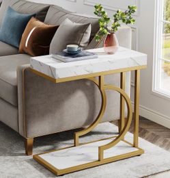 Narrow C-Shape Modern End Table / Bedside Table (Faux White Marble & Gold Metal Frame)