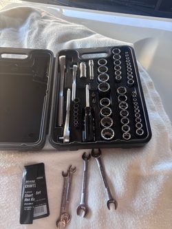 vintage Sears Craftsman mechanics tool and socket set with a black plastic blow-molded storage case.
