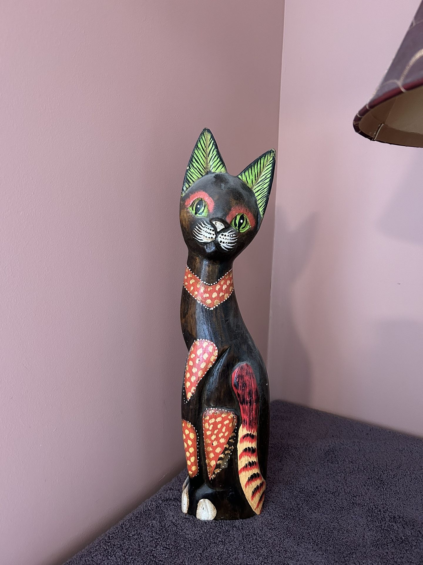 TALL SOLID WOODEN BROWN CAT STATUE JAMAICAN