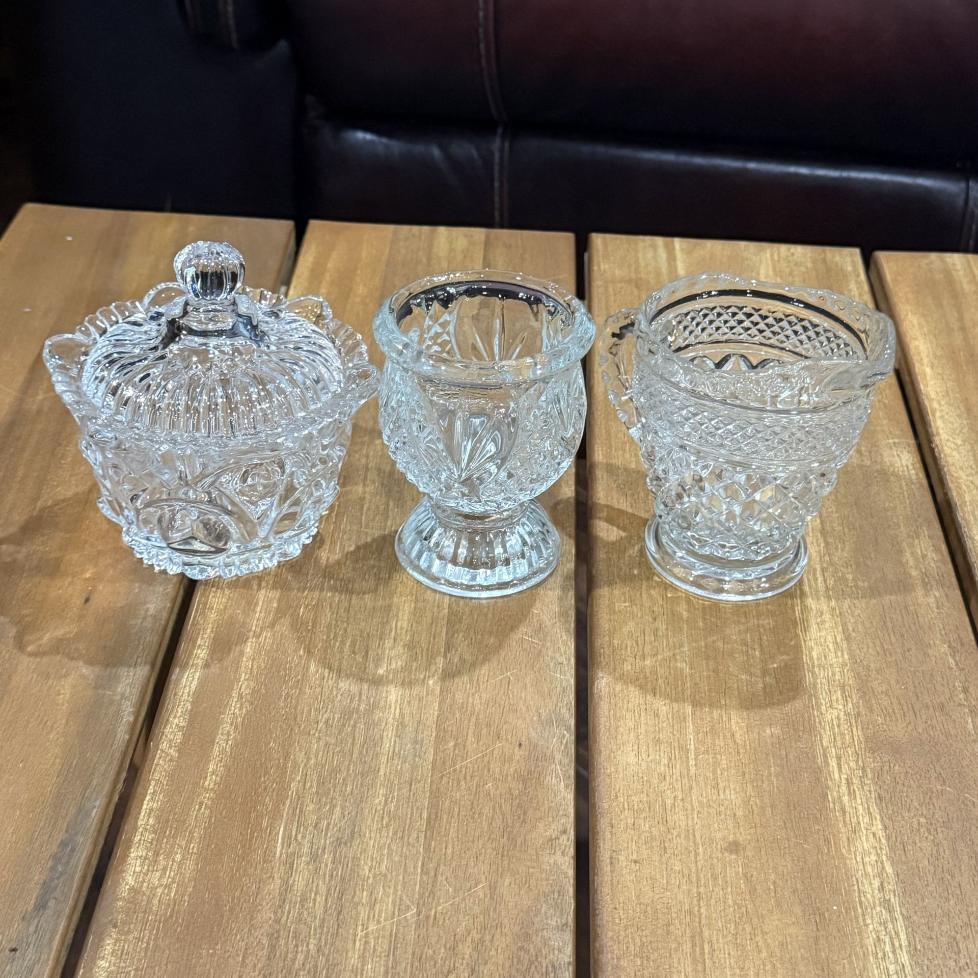 Vintage Glass Set • Anchor Hocking Wexford Creamer • Lidded Sugar Bowl • Avon Candle Holder
