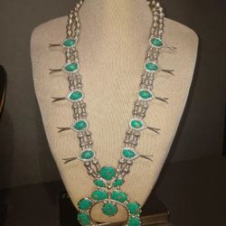 Vtg 70s Necklace Squash Blossom Faux Turquoise Matrix  22" Hobe Costume Jewelry