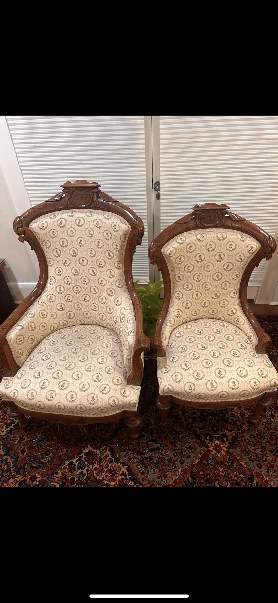 Pair of Antique Victorian Parlor Chairs – Carved Walnut
