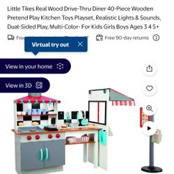 Little Tikes Real Wood Drive-Thru Diner 40-Piece Wooden Pretend Play Kitchen Toys Playset, Realistic Lights & Sounds, Dual-Sided Play, Multi-Color- Fo
