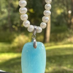 Natural Hemimorphite Radiant Shape Cabochon Gemstone/Pearl necklace