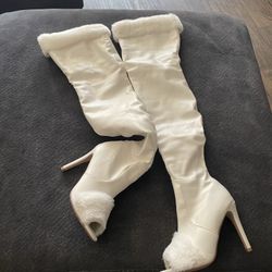 White Fur Peep Toe Boots