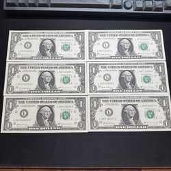 6 Sequential Serial Numbers $1 Uncirculated One Dollar Bills