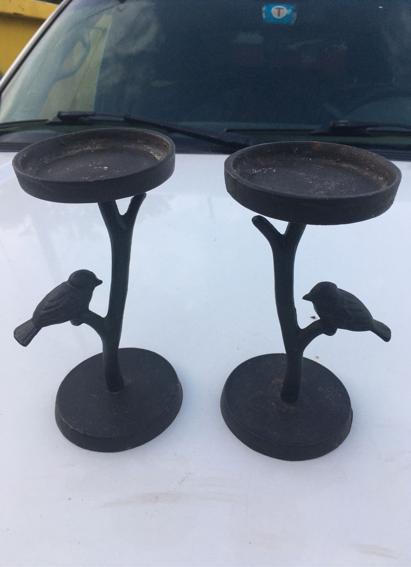 2 cast iron candle holders 8” x 4” birds on a branch