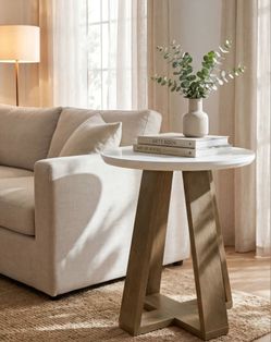 Round Side Table with Wood Base