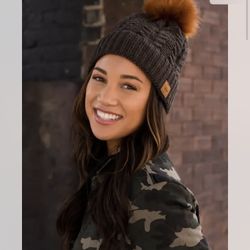 Panache Brown Cable Knit With Rust Faux Fur Pom Beanie