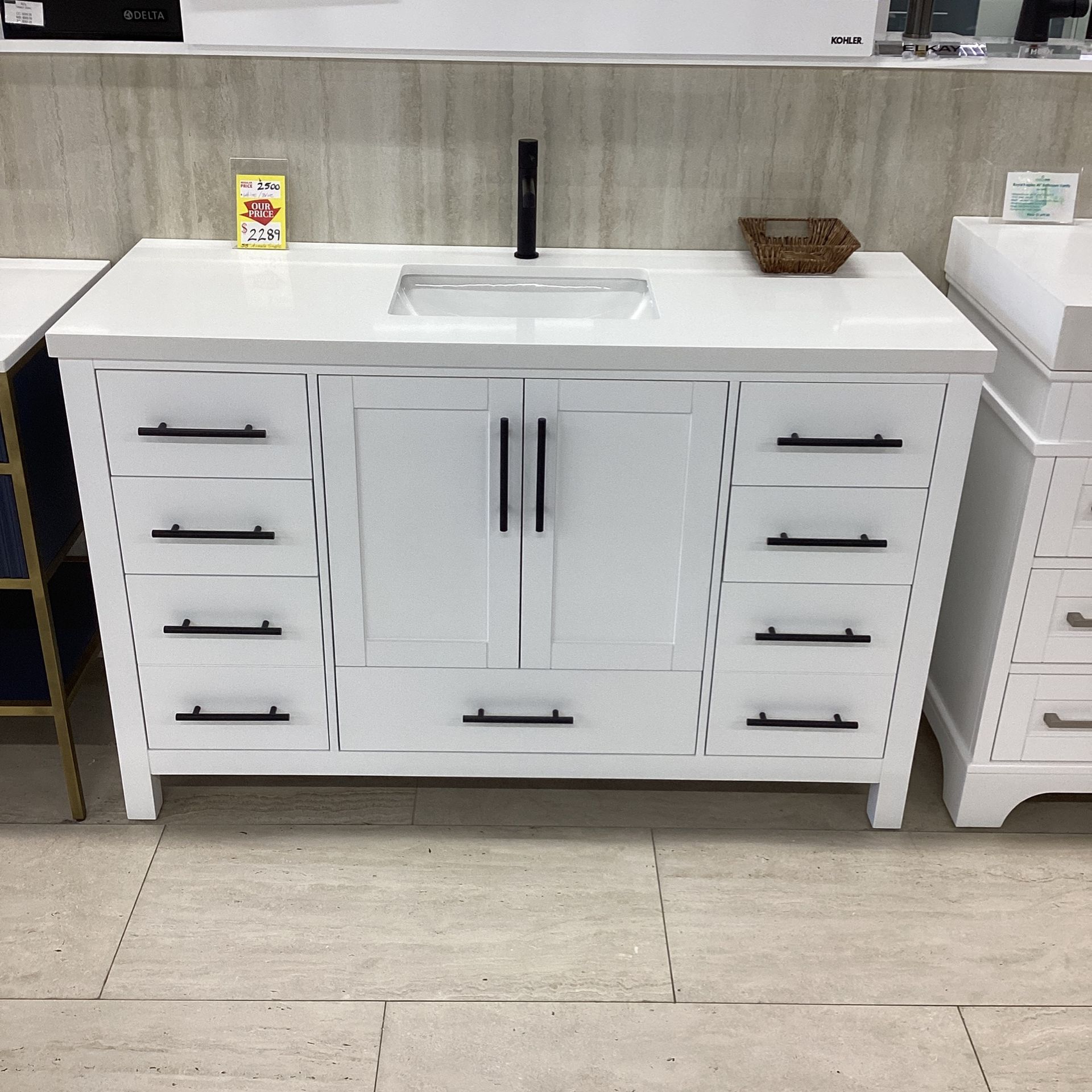 55” White Bathroom Vanity Stone Countertop Ceramic Sink Solid Wood Construction Fully Assembled Available Today!!!!!!!!!!!!