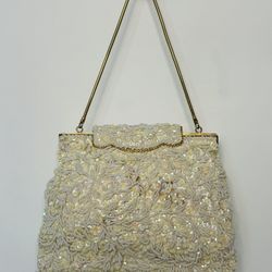 Vintage Cream Gold Beaded Handbag Clutch Evening Purse Hand Made In Hong Kong