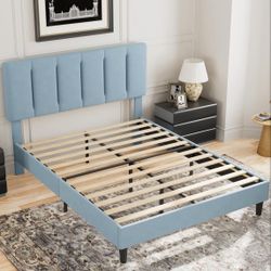 8” FULL SIZE LIGHT BLUE BED FRAME WITH VELVET HEADBOARD 👇CROSSROADS 👇