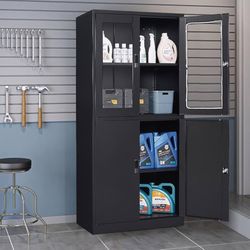 Black Metal Storage Cabinet with Glass Doors, 71" Locking Glass Door Cabinet with 2 Adjustable Shelves, Steel Storage Cabinet with 4 Doors 