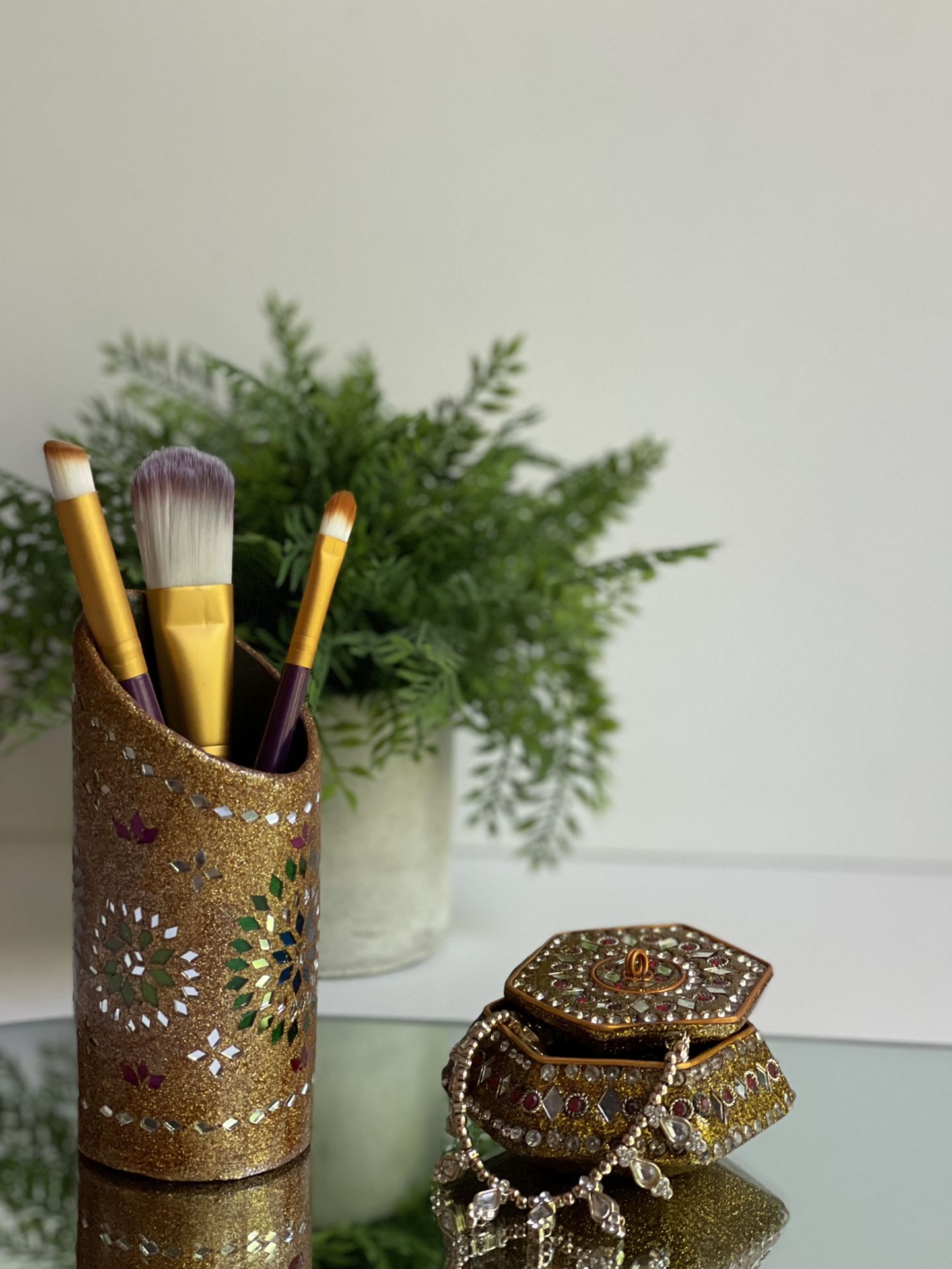 Vintage Mirrored Makeup Brush / Pen Holder & Trinket Box. Handcrafted in Jaipur, India
