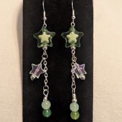 Handmade Green Star Dangle Earrings with Glass Beads & Iridescent Stars
