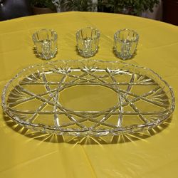 Vintage Set Of Crystal Silverware Holders & Crystal Platter 