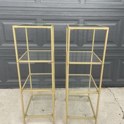 Set Of 2 Brass Gold And Glass Small Book Shelf End Tables Or Night Stands Boho Modern Nightstands Pair Side Tables Minimalist West Elm Mid CenTury