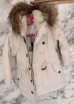 Burberry Children Girls 4Y Natural White Down Parka Raccoon Fur Hood Check Coat