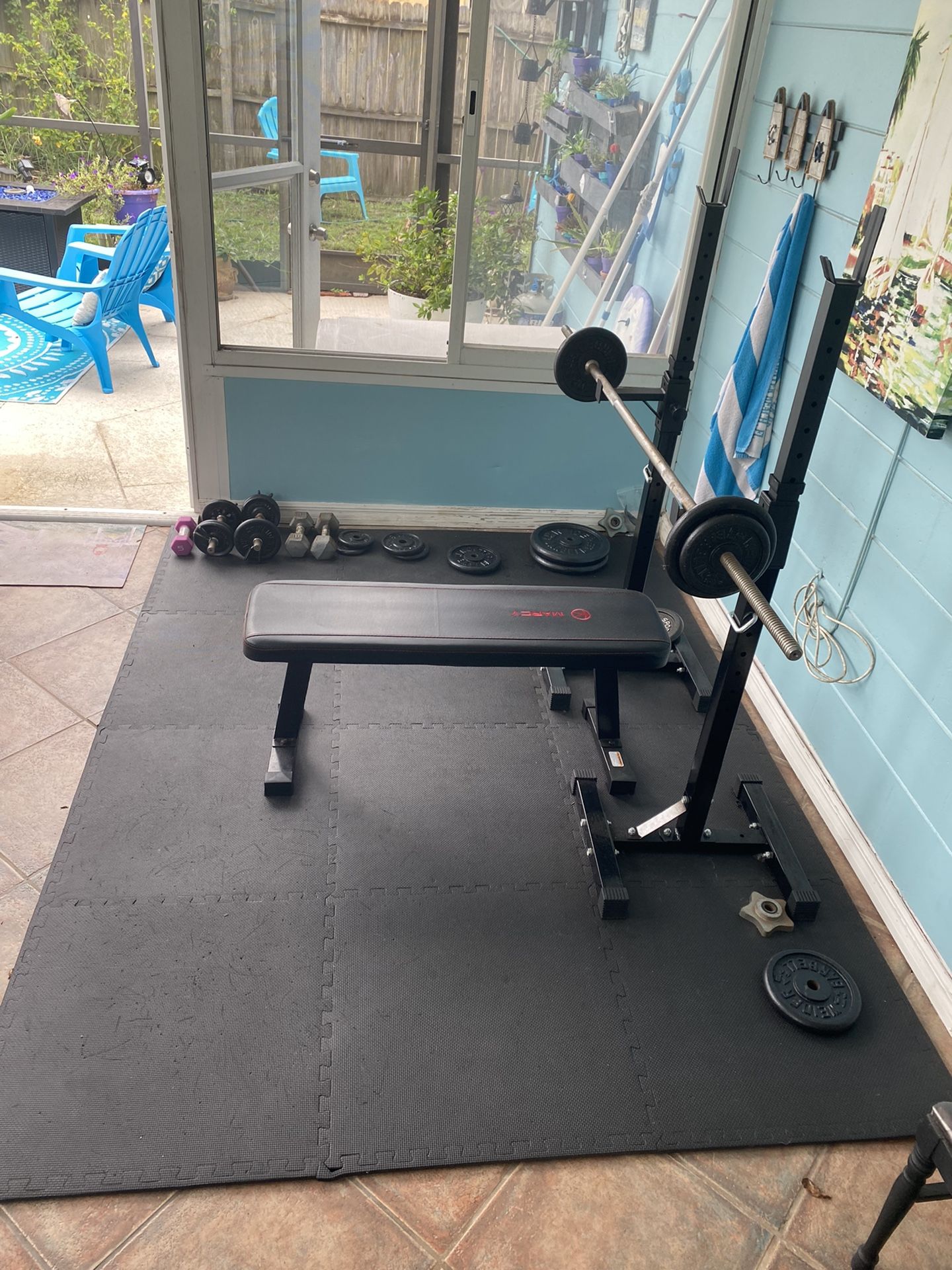 Home Gym Setup (Bench, Rack, Bar, Plated weights)