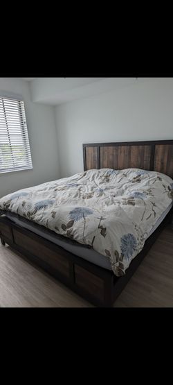 Dark Wood King Bed Frame with mattress