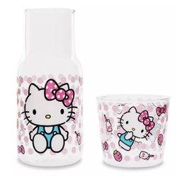 Sanrio Hello Kitty Pink Dots 18-Ounce Glass Pitcher and 8-Ounce Cup NEW IN BOX $25