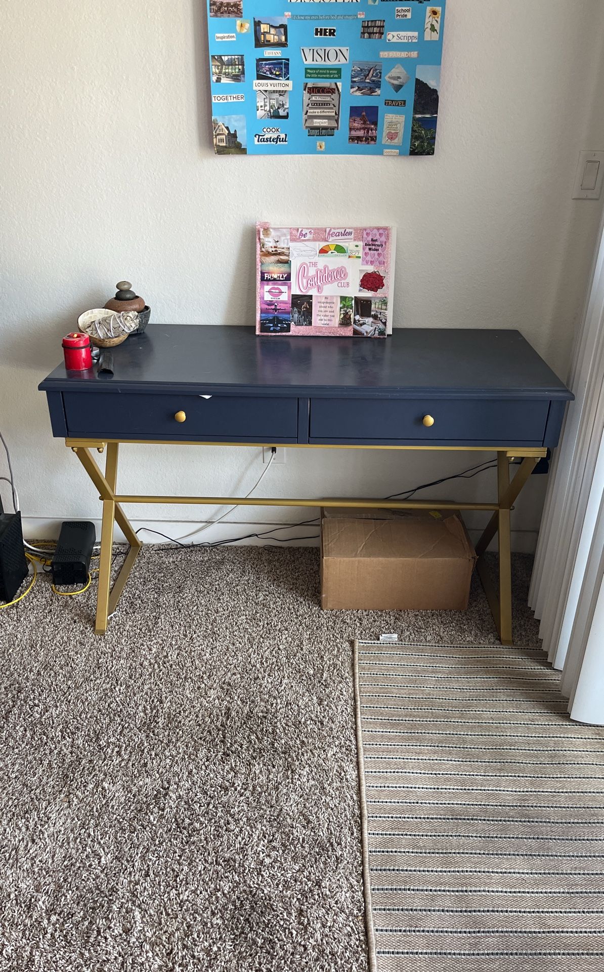 Blue And Gold Desk - Work Space, Tv Stand, Console Table, Laptop