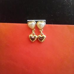 faux Pearl And Gold Hearts Dangle Earrings 