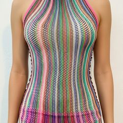 SHEIN Halter Fishnet Sheer Hollow-Out Rainbow Beach Dress Size( 4-6)