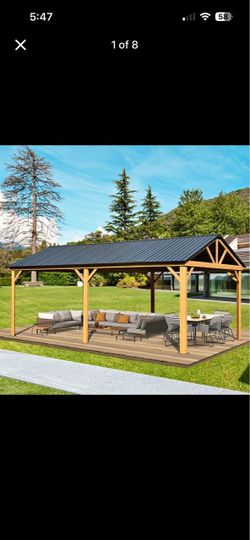 12x20ft Hardtop Gazebo, Galvanized Steel Gable Roof Gazebo Pergola with Wood Grain Aluminum Frame worth $3000