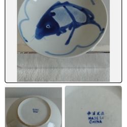 4 Vintage Chinese Koi Fish Blue White Porcelain Plates Shallow Amazing For Rice