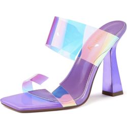 vivianly Women's Clear Heeled Sandals Transparent Straps Chunky Heels Slip on Mules
