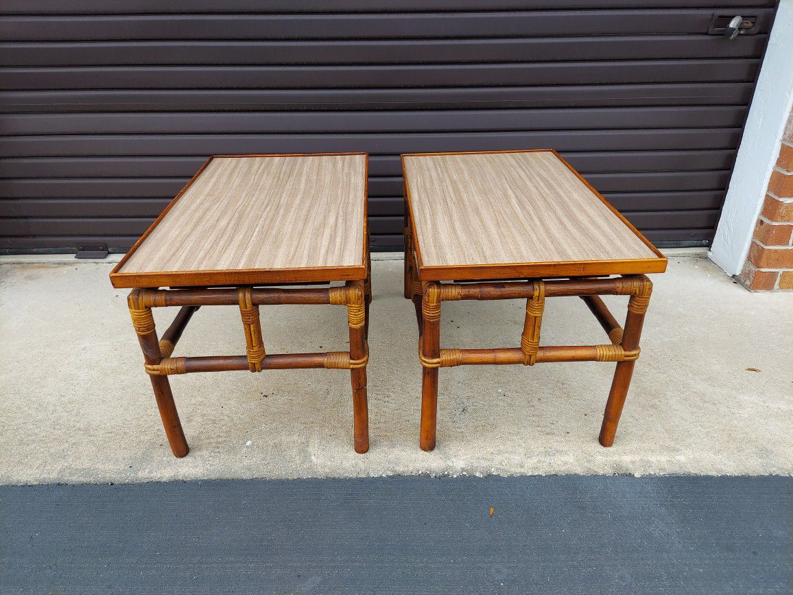 Pair of Vintage 40'S or 50'S Rattan End Tables with Unusual Floating Tops.