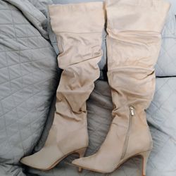 Cream Leather Slouchy thigh-high, high Heeled Boots