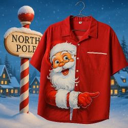 Men’s Santa Christmas Button Up Shirt Red Holiday Graphic XXL