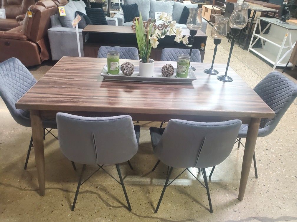 7 Pc Brown / Gray Mid-century Modern Style Dining Set (New)