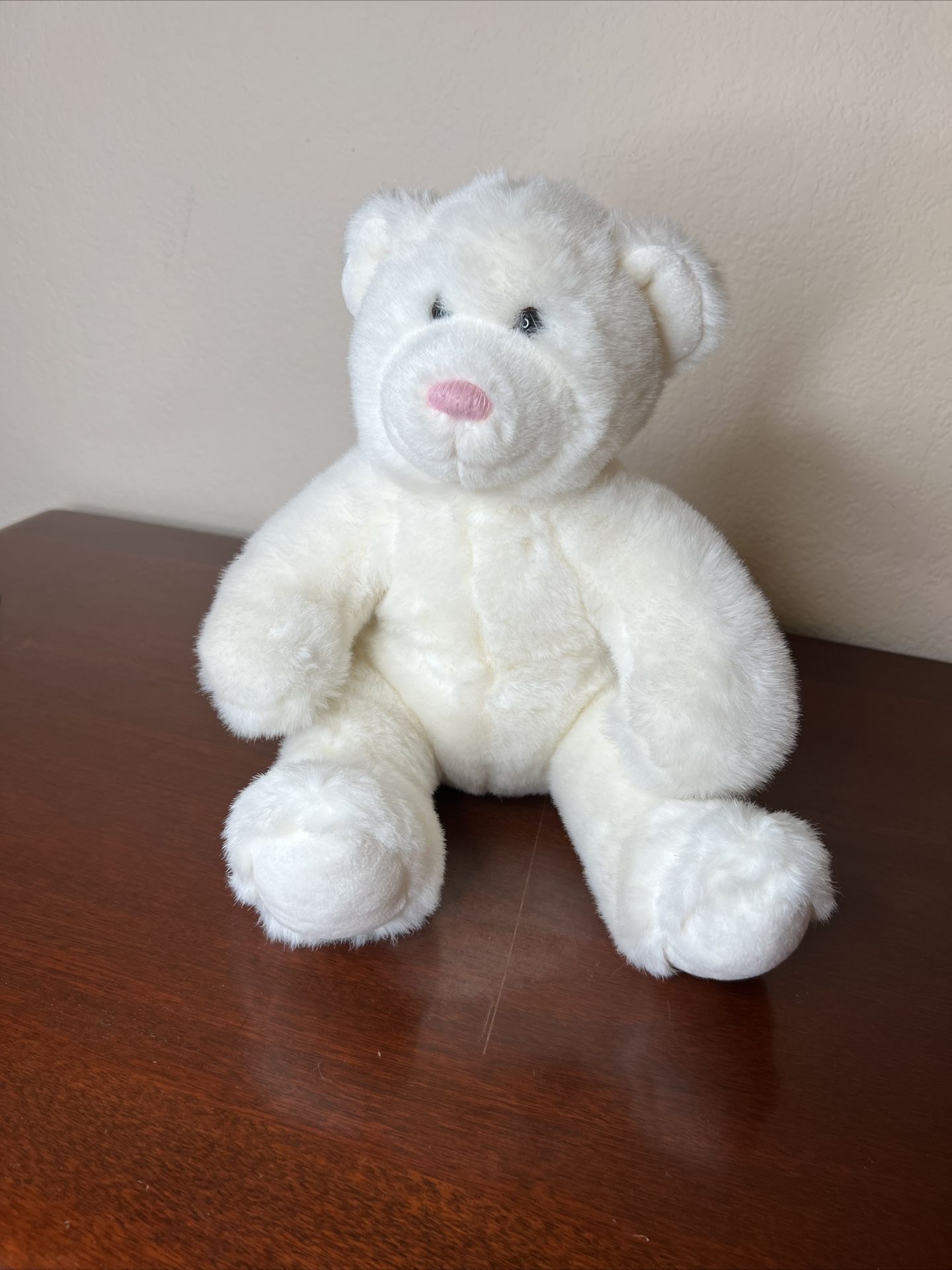 Build A Bear Seated White Teddy Bear Plush Pink Nose Stuffed Animal 15” Plushy