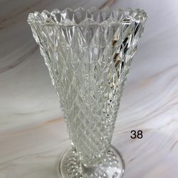 Vintage Indiana Diamond point Pattern 8 inch tall flower vase with Diamond cut Design. 