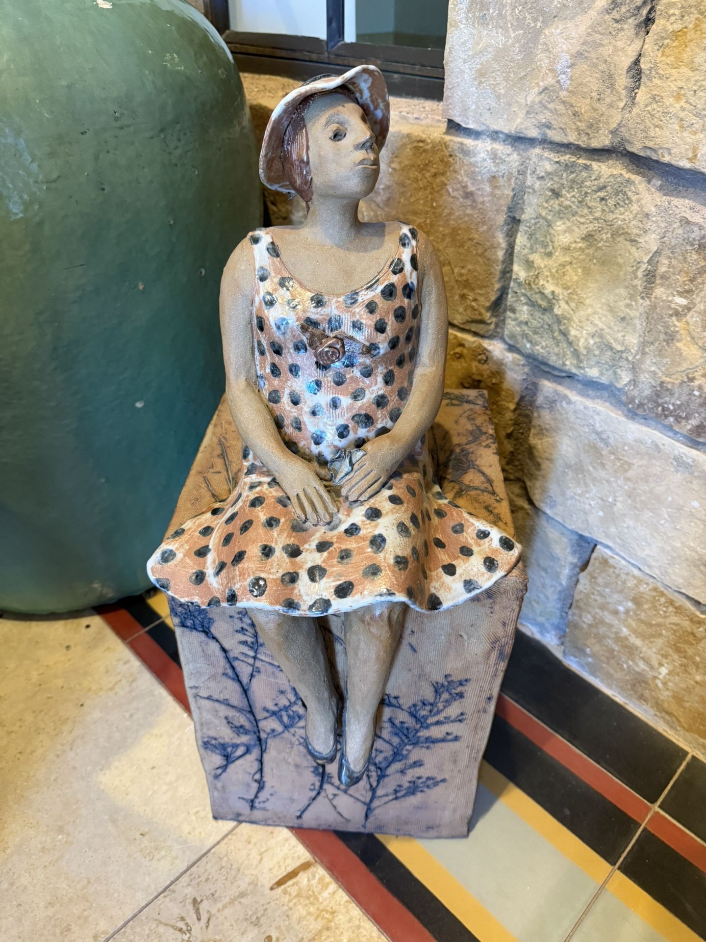 Ceramic Woman On Block Sculpture