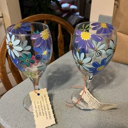 2 Kelly D Hunt Hand Painted Wine Glasses 