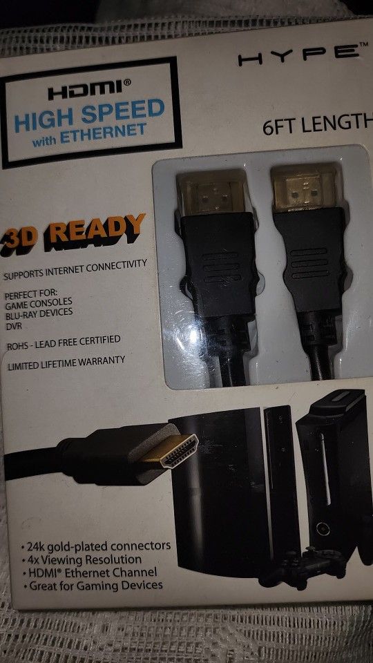 HDMI High Speed with Ethernet, 3 D Ready, Perfect Cable for Gaming, Bl-Ray Devices, DVR, 24K Gold Connectors, 4x viewing Resolution, Wire 6 Ft. East